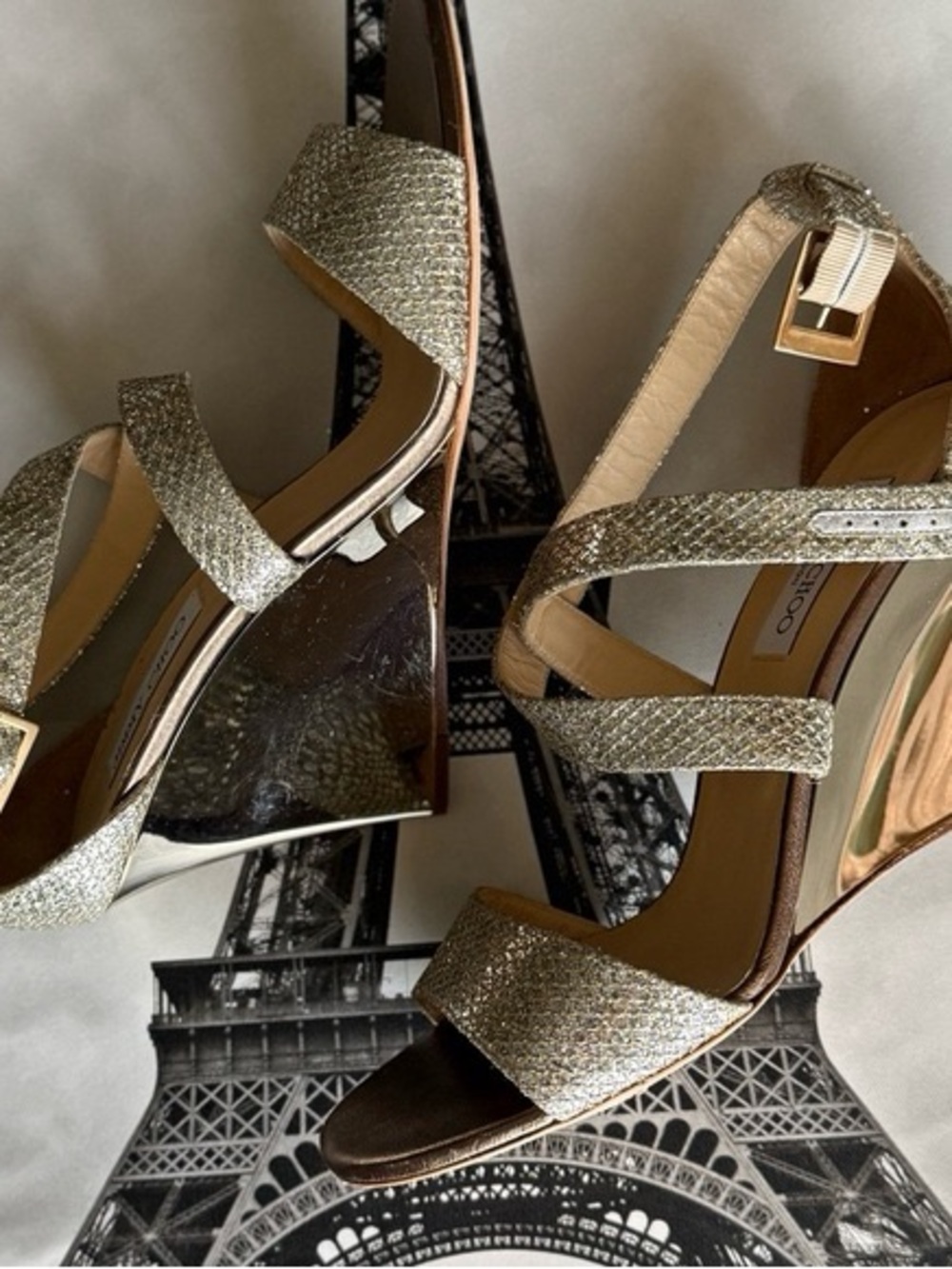 Jimmy Choo Sparkle Gold Strappy Wedge Sandals